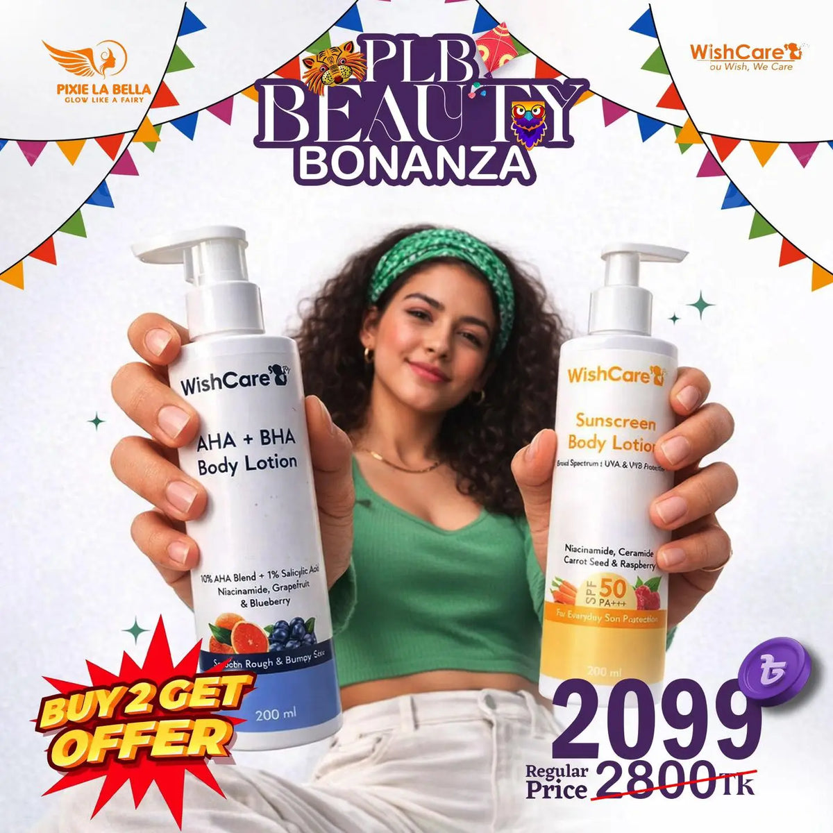 Bonanza Offer – WishCare Sunscreen Body Lotion SPF 50 PA+++ with Niacinamide, Ceramide Carrot Seed and Raspberry 200ml & WishCare AHA + BHA Body Lotion 200ml(Combo Offer) Pixie La Bella