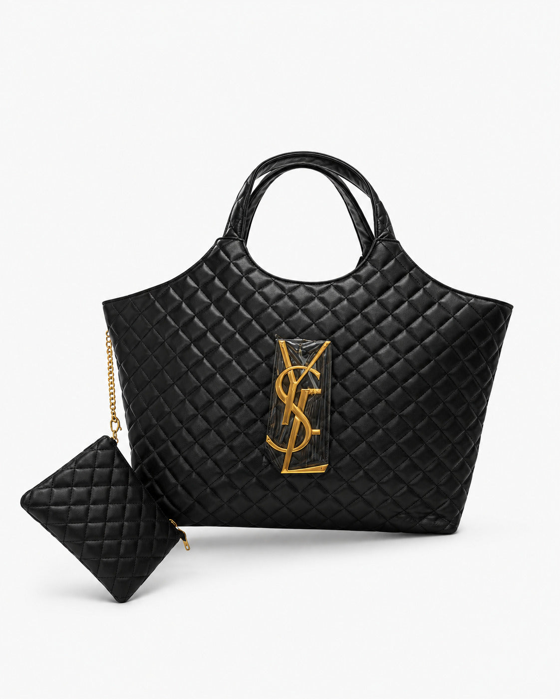 Black diamond quilted tote bag with matching pouch