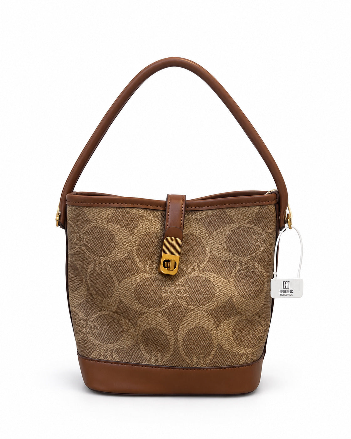 Brown monogram bucket shoulder handbag with gold clasp