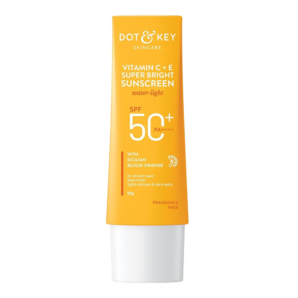 DOT & KEY Vitamin C + E Super Bright Sunscreen SPF 50, a high-protection sunscreen that brightens and protects skin from harmful UV rays. Enriched with Vitamin C and E, it helps even out skin tone, reduce pigmentation, and provide antioxidant protection. Ideal for daily use, it keeps the skin glowing and shielded from the sun. Buy skin care cream products online for ultimate protection and skin radiance."