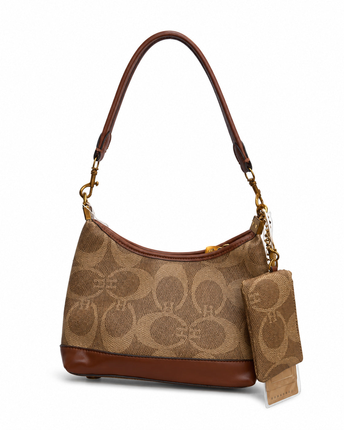 Monogram patterned canvas shoulder bag with brown strap, gold-tone hardware clips, and a attached mini card pouch