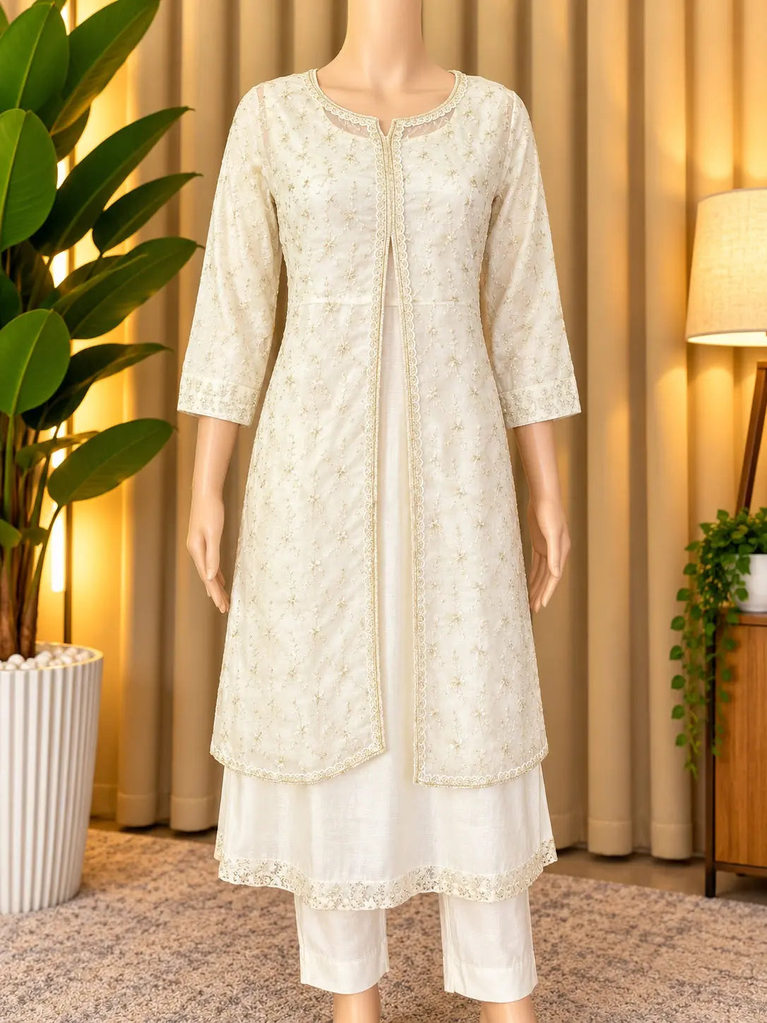 Embroidered Jacket-Style Layered Suit With Pant Set