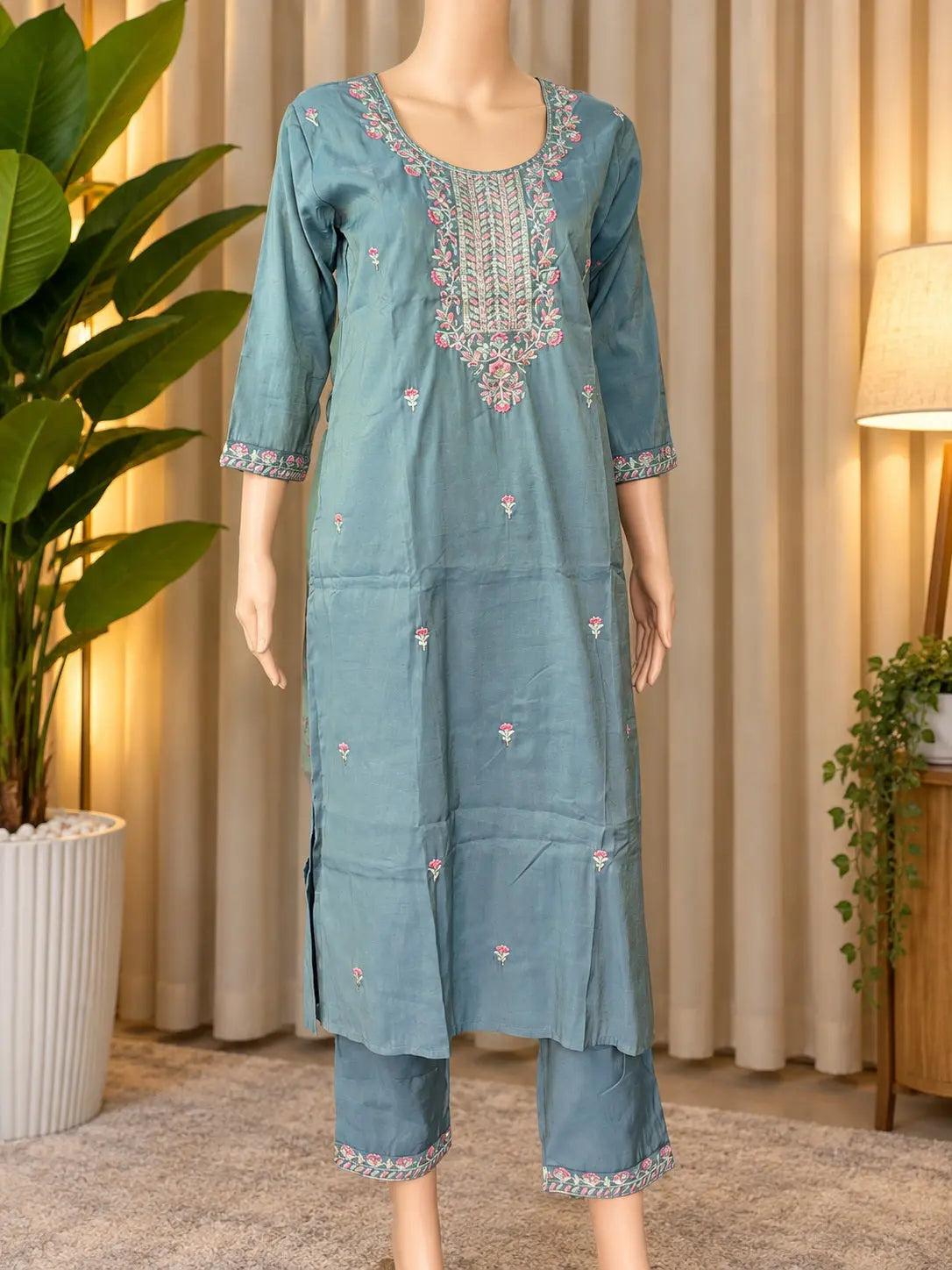 Slate Blue Embroidered Silk Kurti With Matching Trousers