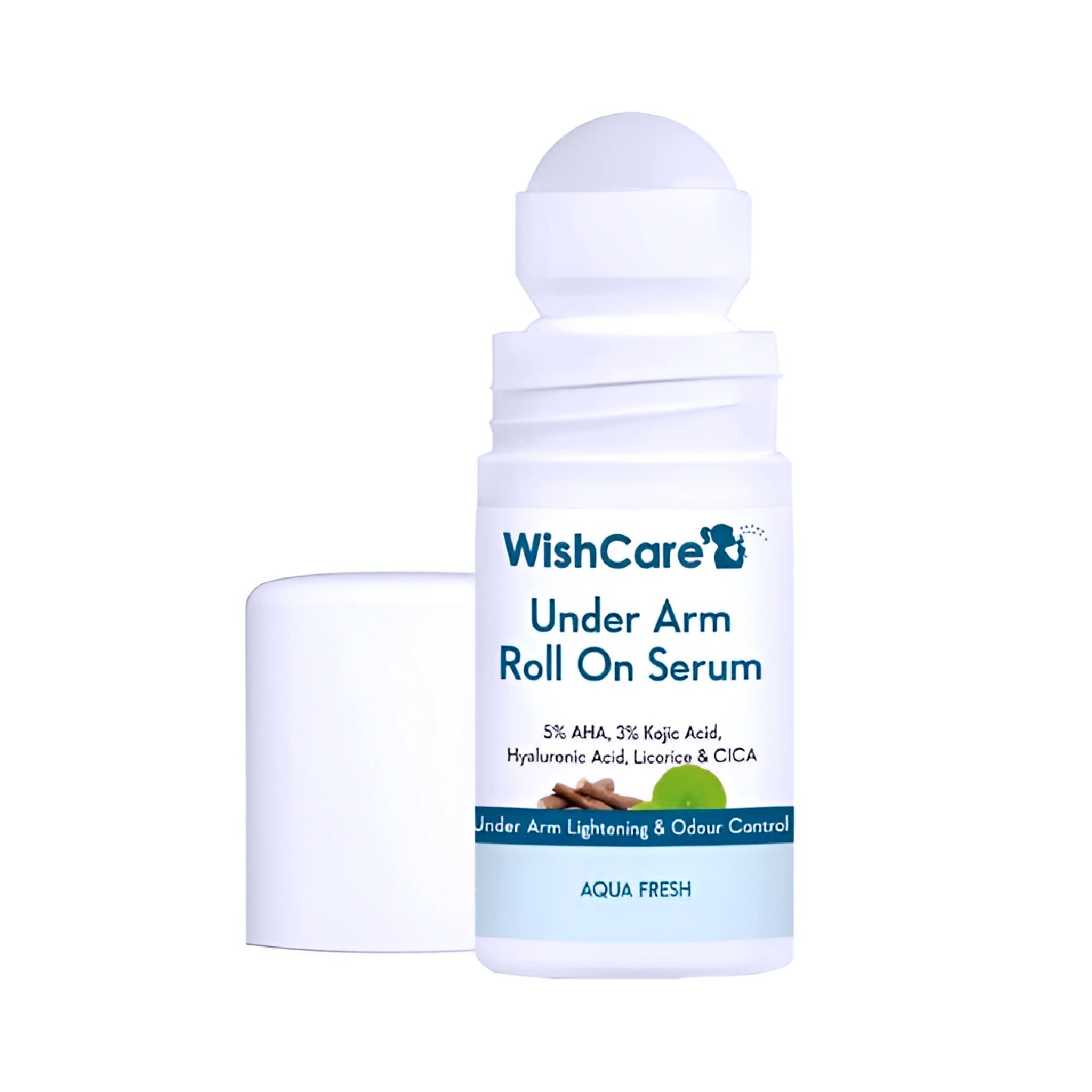 WishCare Under Arm Roll On Serum with 5% AHA, 3% Kojic Acid, Hyaluronic Acid, Licorice, and CICA for underarm lightening and odor control. Natural and organic skin care product available online in Bangladesh. Suitable for skin brightening and moisturizing.
