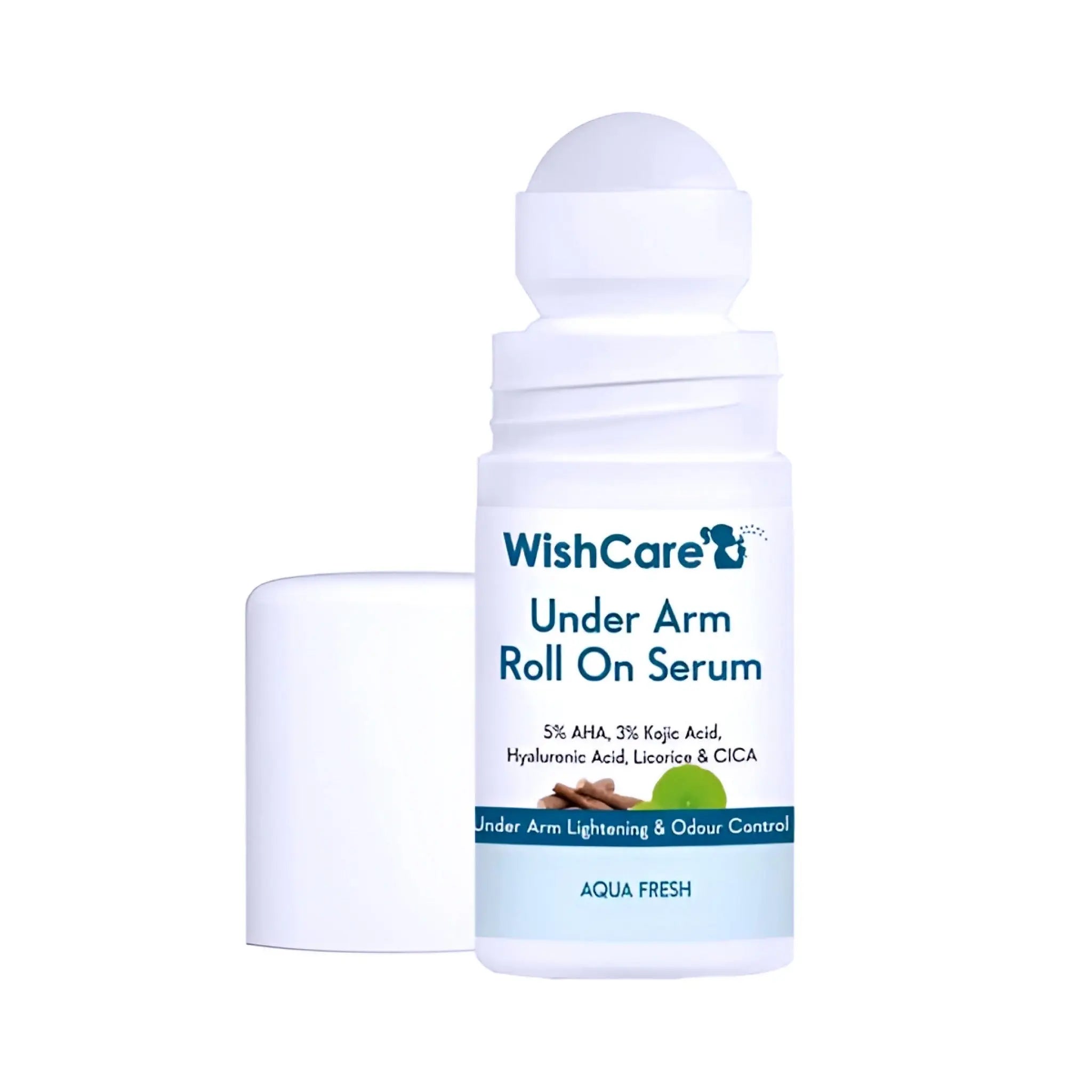WishCare Under Arm Roll On Serum with 5% AHA, 3% Kojic Acid, Hyaluronic Acid, Licorice, and CICA for underarm lightening and odor control. Natural and organic skin care product available online in Bangladesh. Suitable for skin brightening and moisturizing.