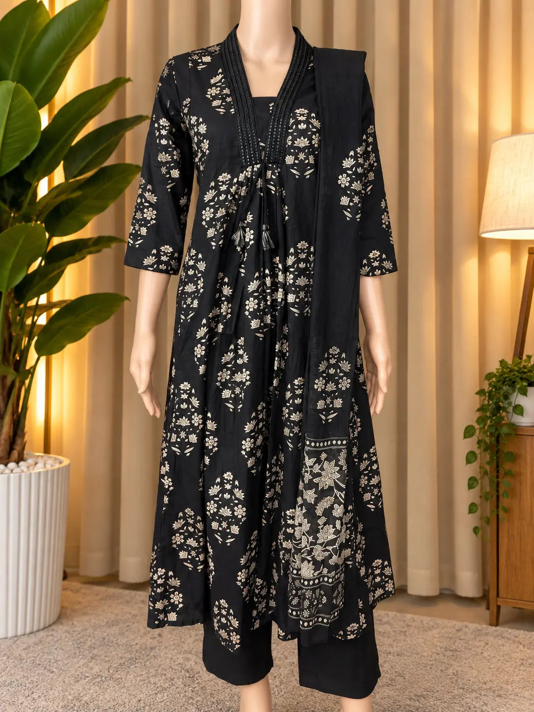 Black Floral Printed Cotton Three-Piece Set Pixie La Bella
