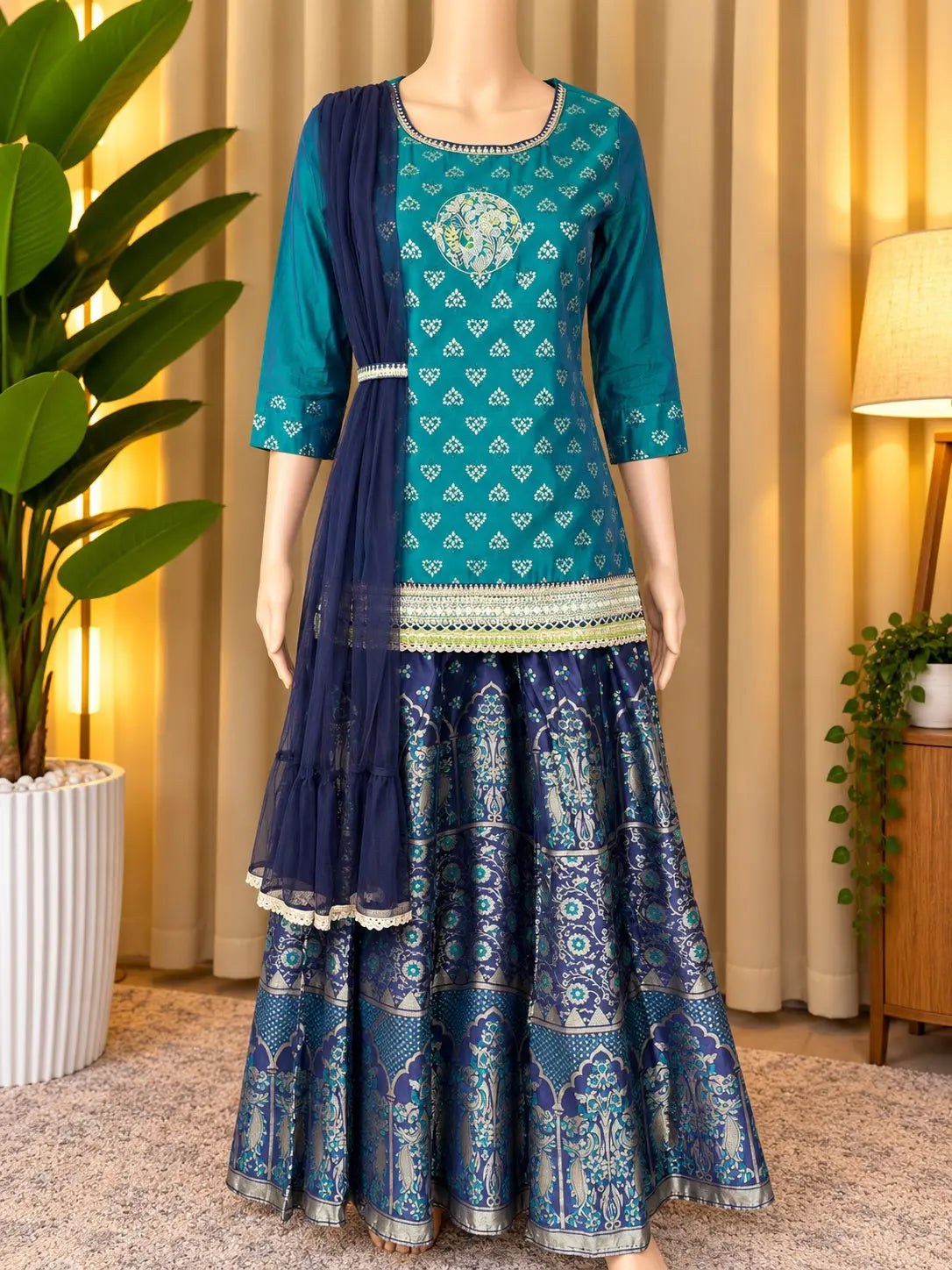 Blue &amp; Navy Metallic Printed Long Gown Dress