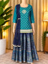 Blue & Navy Metallic Printed Long Gown Dress