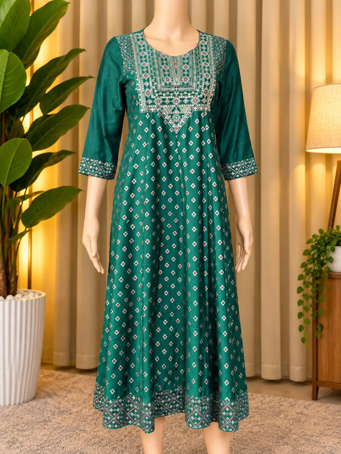 Emerald Green Geometric Printed Katan Kurti