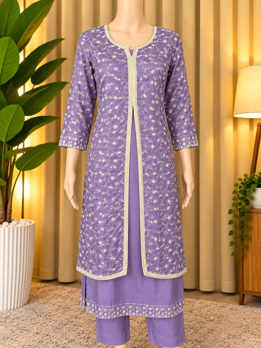 Lavender Floral Embroidered Half Silk Layered Kurti Set