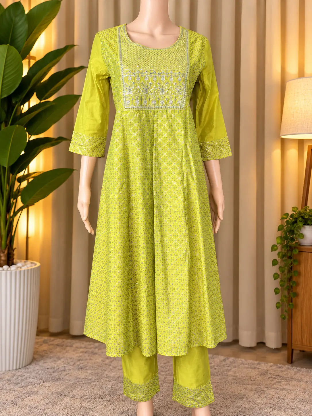 Lime Yellow Embroidered Mixed Cotton Anarkali Kurti Set