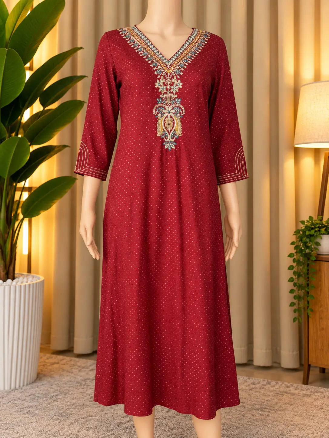 Maroon Embroidered V-Neck Cotton Kurti Pixie La Bella