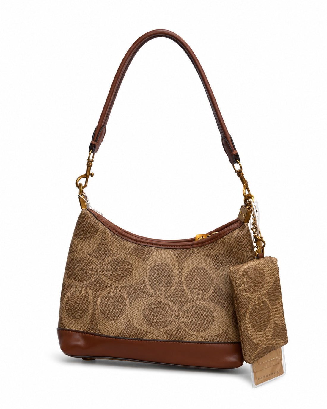 Monogram patterned canvas shoulder bag with brown strap, gold-tone hardware clips, and a attached mini card pouch