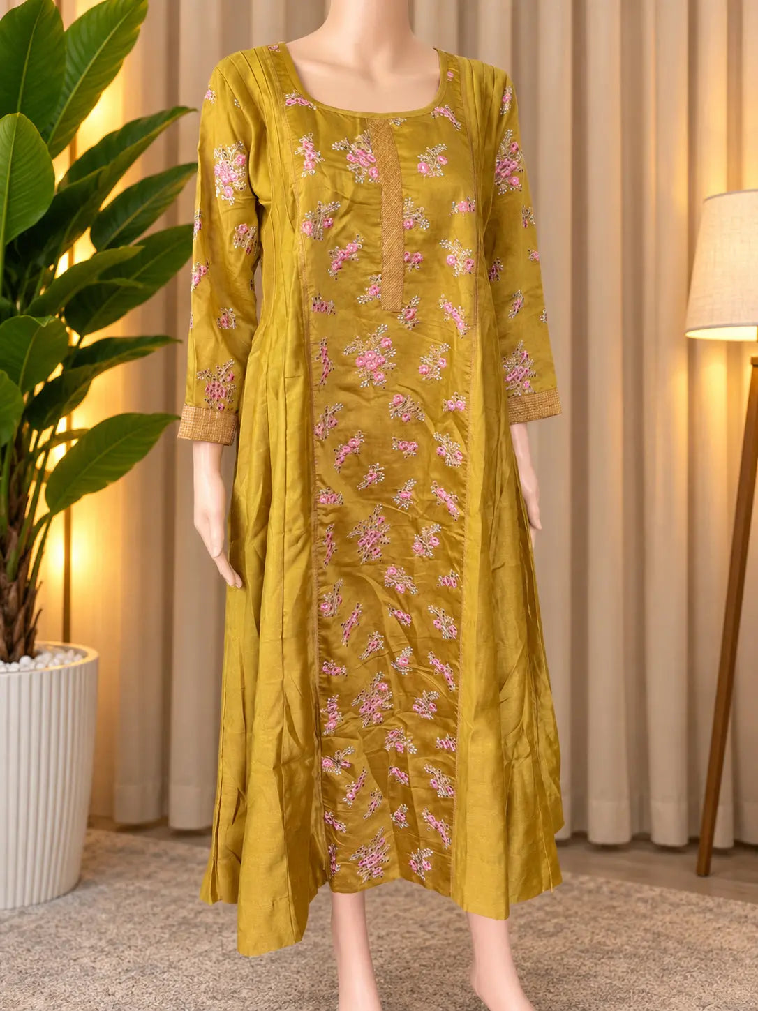 Mustard Yellow Floral Embroidered Half Silk Layered Kurti