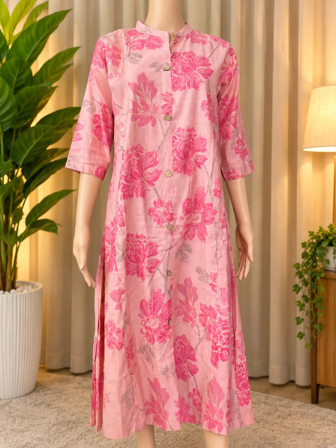 Pink Floral Printed Remi Cotton Kurti
