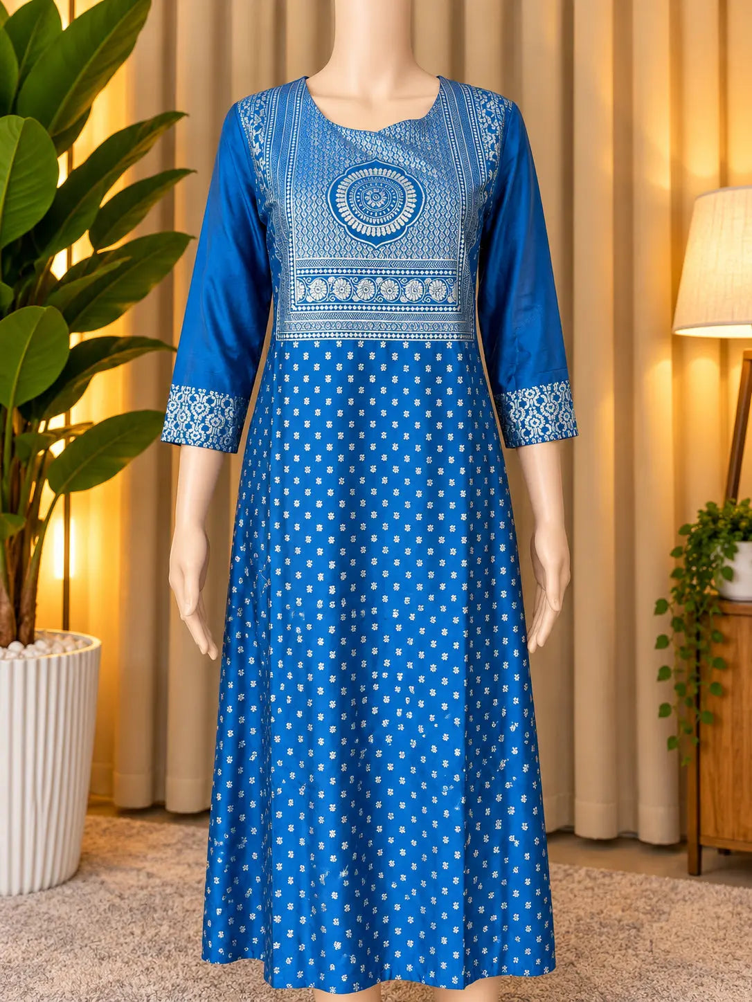 Royal Blue Mandala Printed Katan Silk Kurti