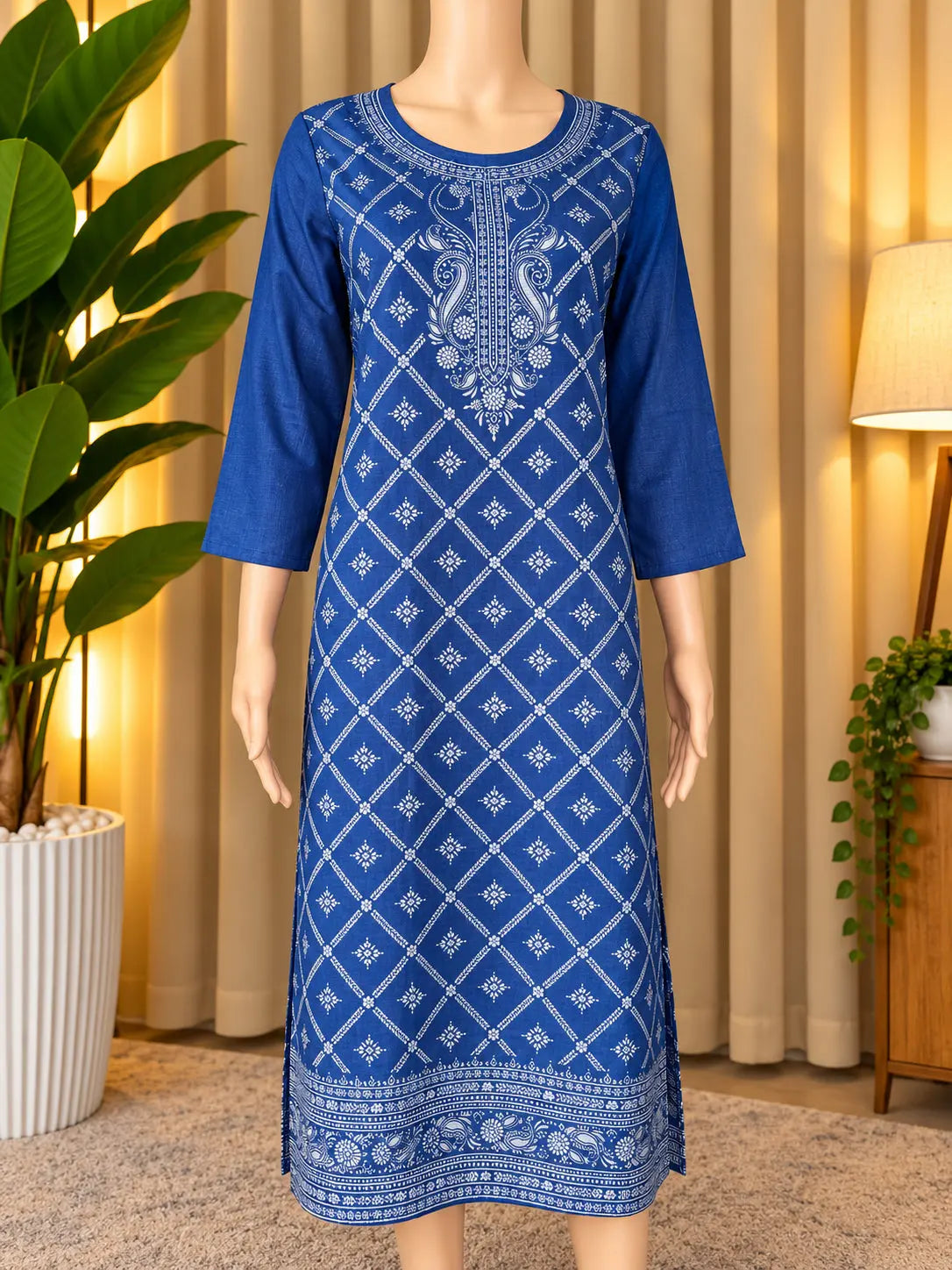 Royal Blue Geometric Printed Katan Silk Kurti