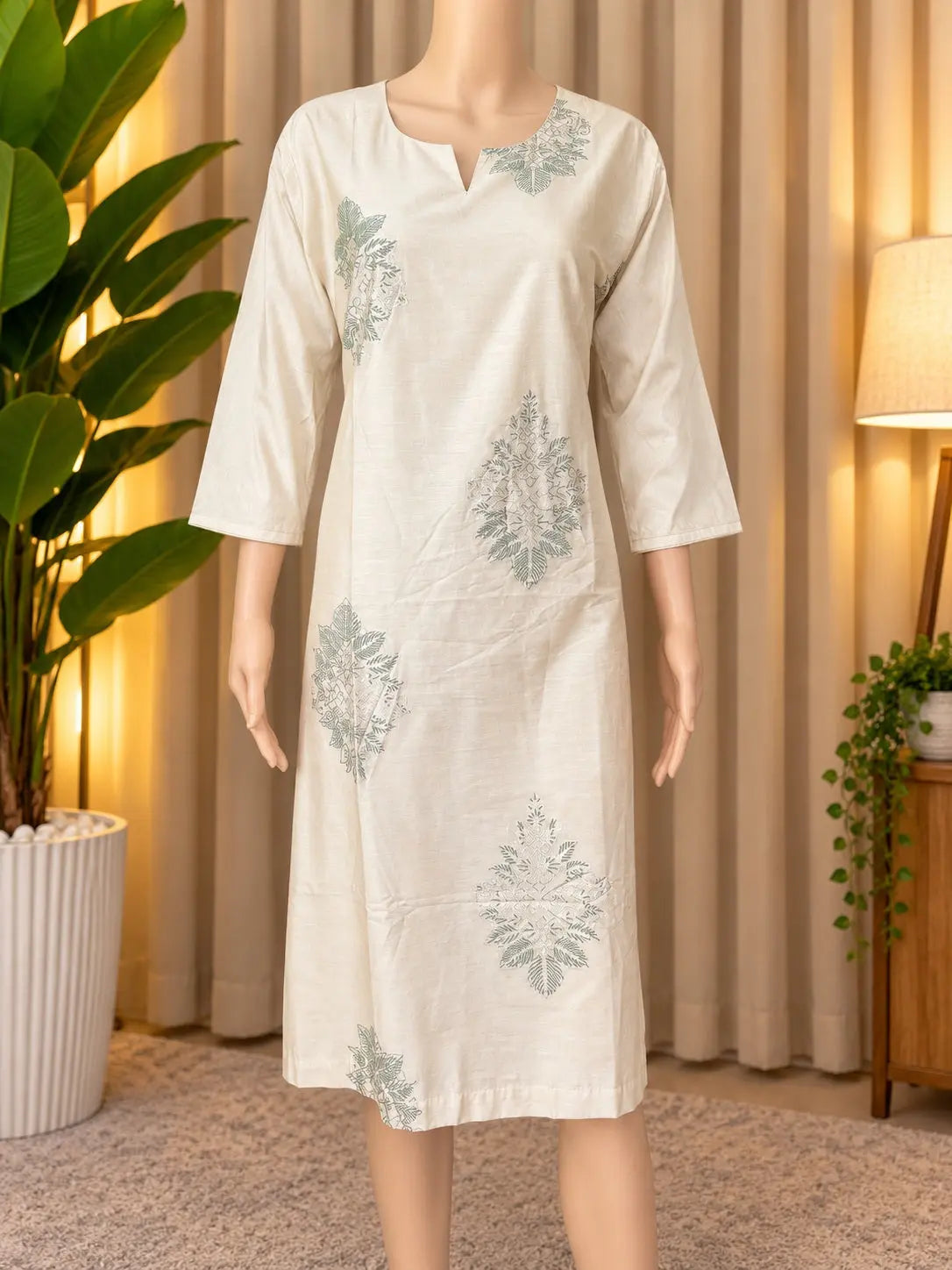 Sage Green Leaf Motif Printed Kurti